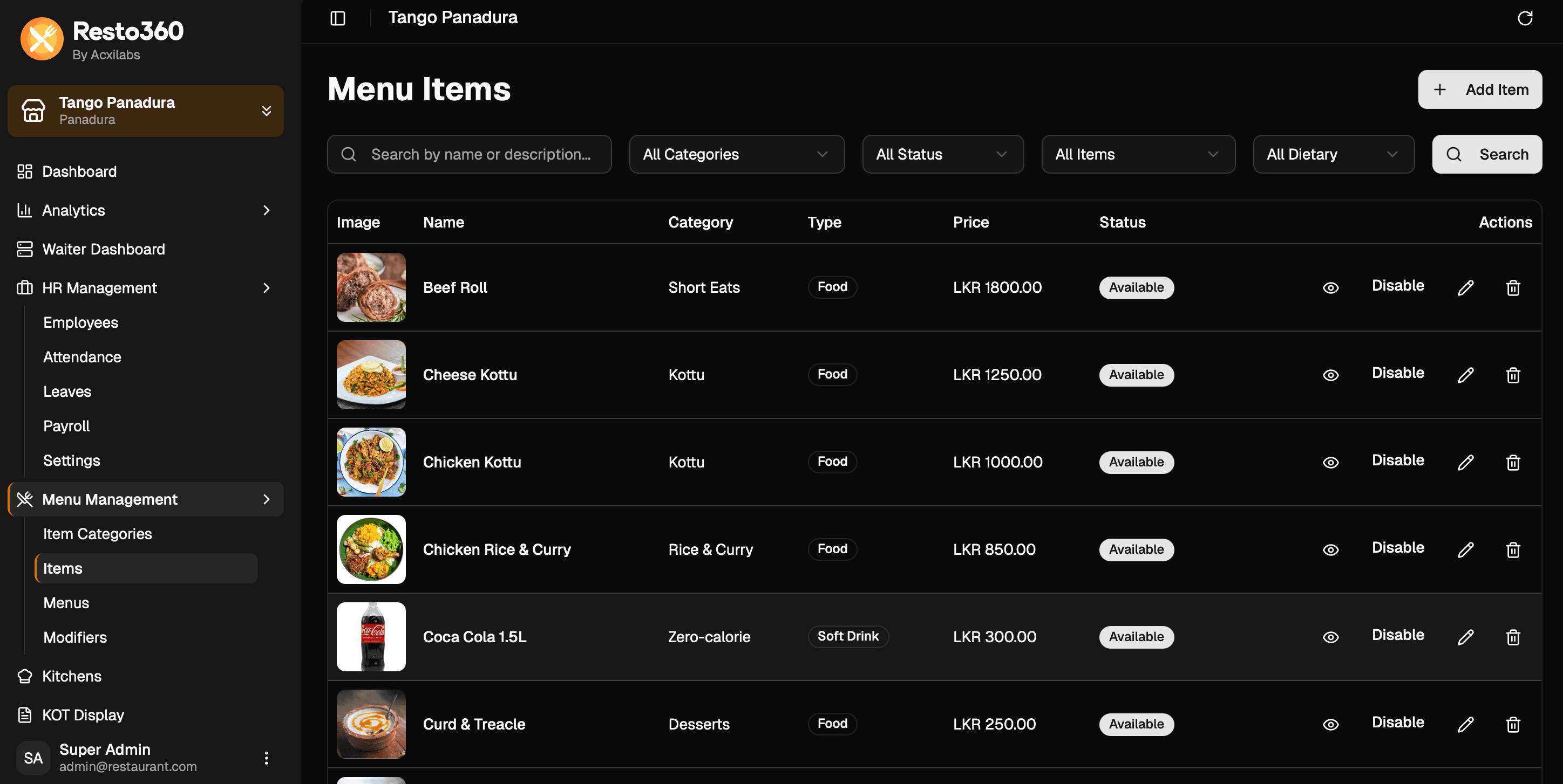 Menu & Item Management
